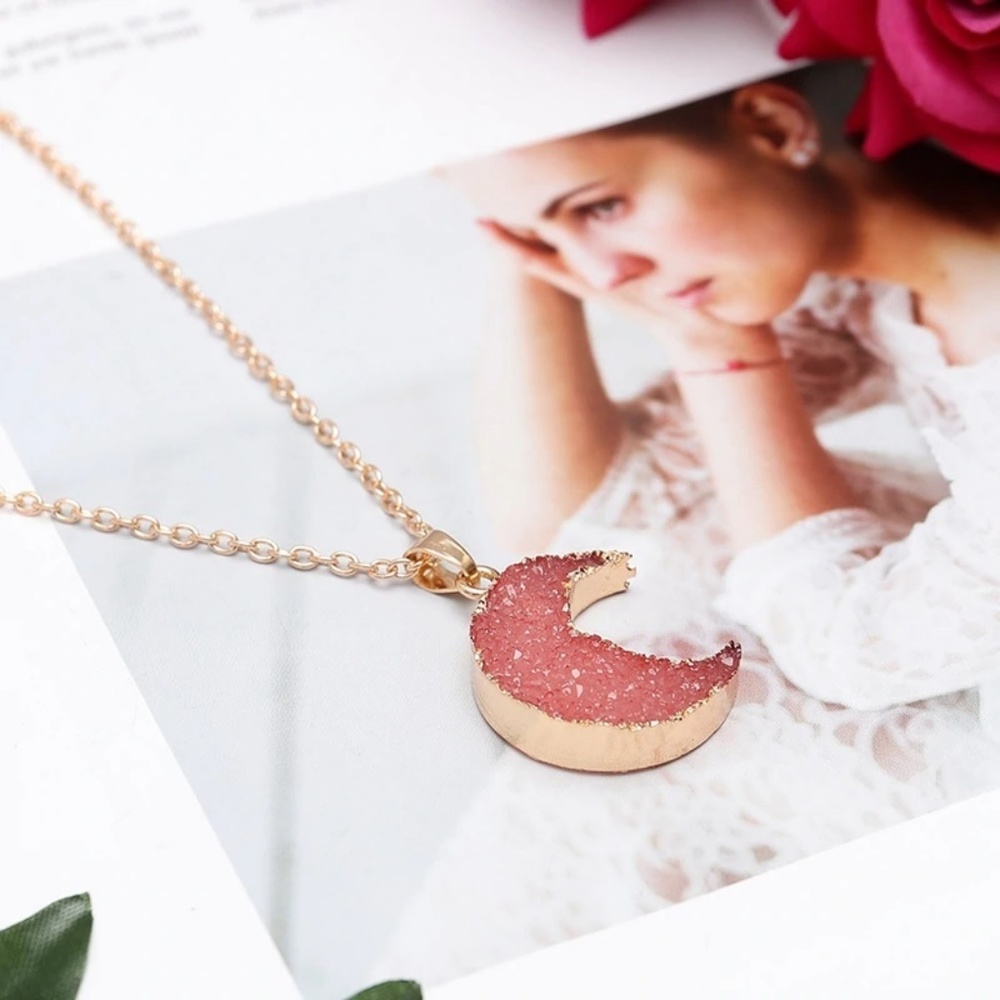 Druzy Crescent Moon Boho Necklace - Picture 2 of 4